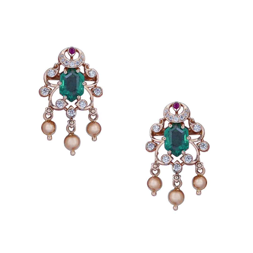 Rose Gold Diamond Design Earrings with Pendant